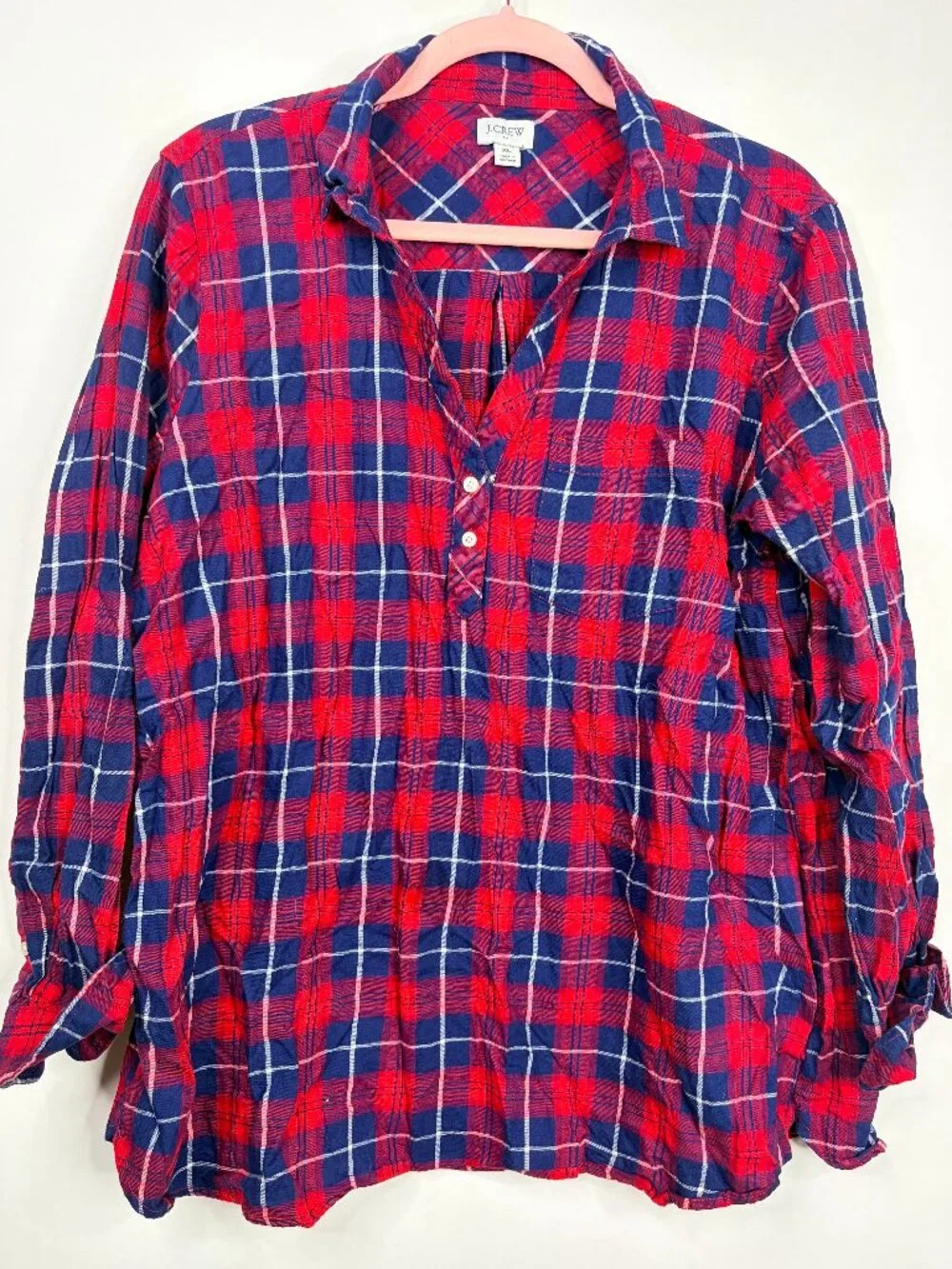 J. Crew Flannel Popover Tunic Cherry Antique Navy XL #A2852